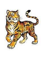 Ornate tiger with decorative patterns and swirls in gold, orange, and black tones, isolated on white background, ready for design projects, apparel, and clipart applications.