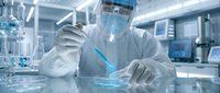 Scientist in protective suit examining glowing sample in modern laboratory with advanced equipment for research and development.