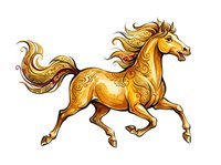Golden horse with ornate decorative patterns galloping in motion, isolated on white background. Suitable for clipart, t-shirt design, and graphic applications.