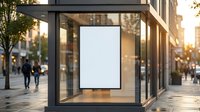 Modern glass bus stop shelter with blank white poster frame for advertising mockup on urban street during golden hour sunset with pedestrians walking by.