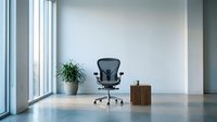 Modern minimalist office interior with ergonomic chair, wooden cabinet and plant by large windows. Clean workspace design for corporate environments.