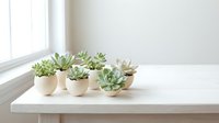 Small succulent plants in neutral ceramic pots arranged on white wooden surface near bright window for modern minimalist home decor and gardening.