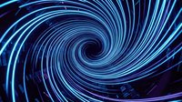 Glowing blue neon spiral tunnel with swirling light trails on dark background, futuristic vortex energy motion concept.