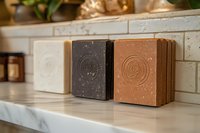 Natural handmade soap bars in white, dark and terracotta colors arranged on marble shelf against tiled wall background, showcasing artisanal bath products.