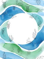 Watercolor ocean waves frame with marine life including jellyfish, fish and seaweed creating circular border for text or design on white background.