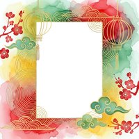 Watercolor frame with traditional Asian lanterns, cherry blossoms and decorative clouds in red, green and gold colors for festive designs and celebrations.