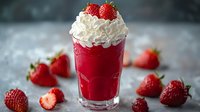 Fresh strawberry smoothie topped with whipped cream and garnished with ripe berries in tall glass, surrounded by scattered strawberries on gray surface.