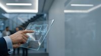 Businessman holding transparent digital tablet displaying circuit board schematic in modern office environment with colleagues working in background.