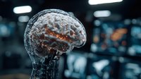Transparent glass human brain model with glowing neural networks and synapses in modern laboratory setting for medical education and neuroscience research.