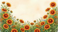 Watercolor floral border with vibrant orange and red gaillardia flowers on a soft beige background, perfect for greeting cards and prints.