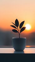Silhouette of young plant in white pot against dramatic orange sunset sky, creating minimalist composition with growth and nature concept.