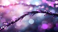 Frozen winter branch with morning dew drops in purple and pink bokeh background, magical nature macro photography with sparkling water crystals.