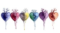Watercolor hearts with growing trees, dripping paint effect in rainbow colors on white background, artistic design element for valentines and love concepts.