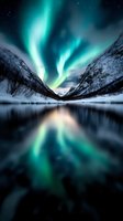 Luminous green and turquoise aurora borealis dancing across night sky above frozen mountain valley with calm reflective water below, ideal for travel and nature backgrounds.