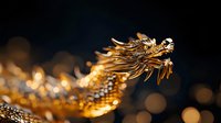 Golden dragon sculpture with intricate details and ornate features against dark background with bokeh lights. Suitable for luxury, Asian culture, fantasy, and decorative design projects.