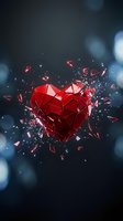 Red crystal heart shattering into fragments with dramatic lighting and bokeh background for romantic and emotional design concepts.