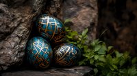 Decorative Easter eggs with intricate gold and turquoise geometric patterns rest against natural stone backdrop with green foliage, creating moody holiday atmosphere.