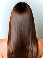 Long straight brown hair showing smooth, glossy texture and healthy shine against white background, view from behind of woman with bare shoulders.
