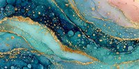 Abstract fluid art with teal blue and coral pink flowing waves, gold foil accents and bubbles creating luxurious marble texture for modern interior design projects.