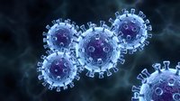 Blue coronavirus particles with spike proteins floating in dark space for medical education and scientific research presentations.