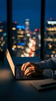 Businessman working late on laptop computer in modern office with blurred city lights bokeh background through window at night for productivity concepts.