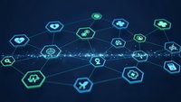 Digital network with glowing hexagonal icons representing connectivity, technology infrastructure and data exchange on dark blue background.