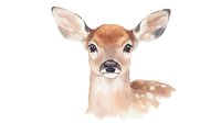 Watercolor baby deer portrait with soft brown tones and expressive eyes, spotted fawn face close-up on white background for nursery art and greeting cards.