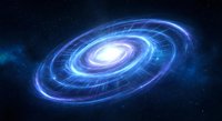 Glowing blue spiral galaxy with bright center and cosmic energy rings against starry space background for sci-fi and astronomy projects.