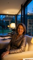 Mature woman, Caucasian ethnicity, wearing gray business blazer and pearl necklace, sitting on cream sofa in modern living room at dusk. Floor-to-ceiling windows frame twilight garden view, warm interior lighting, professional executive portrait for corporate use.