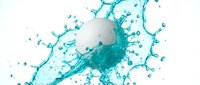 Turquoise liquid splashing dynamically around white sphere isolated on white background, suitable for cosmetics, skincare, beverage, and product packaging design.