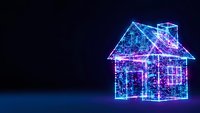 Digital wireframe house glowing with neon blue and pink lights on dark background for smart home technology and real estate concepts.
