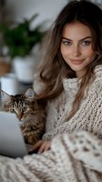 Young Caucasian woman in cozy knit sweater working on laptop with adorable tabby kitten at home. Freelance work from home lifestyle concept.