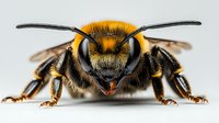 Extreme close up macro photography of European hornet bee on white background showing detailed texture of eyes, wings and furry body. Isolated specimen.