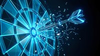 Glowing blue digital dartboard with arrow hitting bullseye target on dark background. Futuristic neon wireframe design for business success concepts.