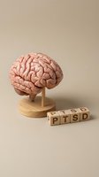 Anatomical brain model on wooden stand beside letter cubes spelling PTSD, representing post-traumatic stress disorder awareness and mental health.