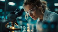 Female scientist with safety glasses conducting research in modern laboratory with microscope and equipment for scientific discovery and analysis.