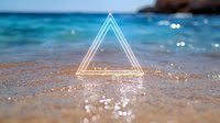 Glowing triangle frame on sandy beach with turquoise ocean waves and bokeh light effects, modern minimal summer aesthetic for social media and design projects.