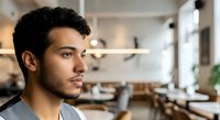 Young man with dark curly hair and beard, Middle Eastern ethnicity, wearing gray shirt, looking thoughtfully to side in modern office workspace with shelving and plants.