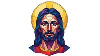 Religious figure with halo in colorful geometric art style. Modern spiritual portrait with vibrant colors and angular design elements for contemporary faith-based projects.