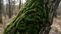 Vibrant green moss growing on tree bark in forest creating natural texture pattern for organic nature backgrounds and environmental concepts.