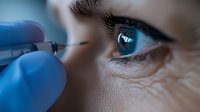Close-up view of medical procedure with blue latex gloved hand holding syringe near blue eye, showing detail of skin texture and eyelashes in macro photography.