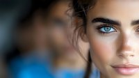 Close up portrait of young woman with bright blue eyes, natural makeup, and freckles on blurred background. Soft beauty lighting highlights flawless skin.