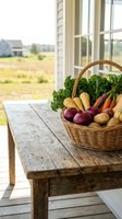 Wicker basket filled with fresh farm vegetables including kale, carrots, potatoes, and onions displayed on rustic wooden table by window overlooking countryside farmland for agricultural and harvest themes.