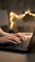 Hands typing on laptop keyboard in cozy evening atmosphere with warm bokeh lights creating ambient workspace for remote work and productivity.