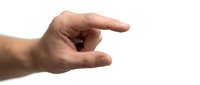 Male hand with light skin tone gesturing small size or measurement against white background, suitable for business presentations, educational materials, and design projects.