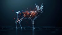 Digital wireframe deer silhouette with glowing particles and connecting lines on dark background creates futuristic network visualization effect.
