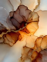 Abstract alcohol ink artwork with flowing organic shapes in warm earth tones of brown, orange and gold with metallic accents for modern interior design.