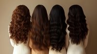 Four women with different hair textures and colors from red to dark brown showing long wavy and curly hairstyles, viewed from behind against neutral background.