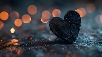 Dark stone heart on wet asphalt with orange bokeh lights in background creating romantic mood, shallow depth of field macro photography.