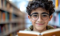 Young Middle Eastern student with curly hair and round glasses smiling while reading book in library, shallow depth of field with blurred bookshelves background.